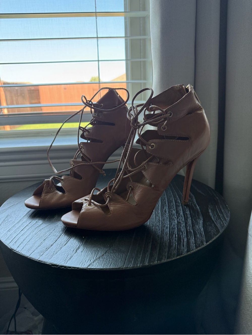 SCHUTZ Pink Lace-Up Open Toe Stiletto Heels - Picture 3 of 10